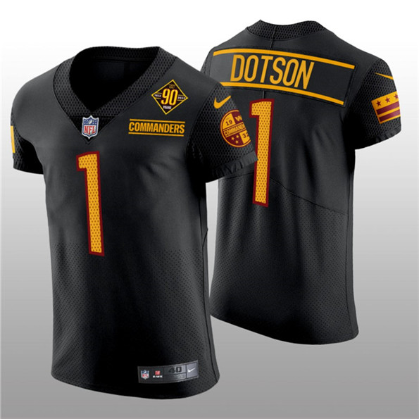 Men's Washington Commanders #1 Jahan Dotson Black 90th Anniversary Elite Stitched Jersey